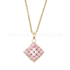 3Pcs 3 Colors Natural Rainbow Moonstone and Handmade Glass Beaded Rhombus Pendant 304 Stainless Steel Cable Chain Necklaces&nbsp;NJEW-MZ00124
