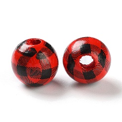 プリントウッドヨーロピアンビーズ  タータン模様のラウンド  レッド  13.5x13mm  穴：4mm&nbsp;WOOD-Z002-09A