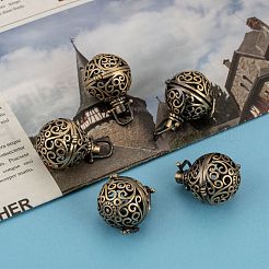 真鍮製透かしラウンドケージペンダント  チャイムボールのペンダントネックレスの作成  鉛フリー＆ニッケルフリー＆カドミウムフリー  アンティークブロンズ  28x22mm  穴：6x5mm&nbsp;X-KK-L079-02-NR