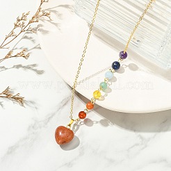 Chakra Natural Mixed Stone Heart Pendant Brass Cable Chain Necklaces for Women&nbsp;NJEW-JN06267