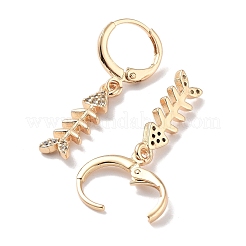 本物の18K金メッキ真鍮ダングルフレンチフックピアス  キュービックジルコニア付き  魚の骨  透明  33x6mm&nbsp;EJEW-L269-023G