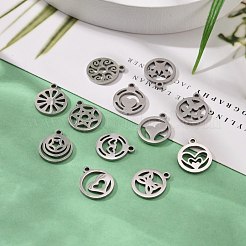 変色しない304ステンレススチールチャーム  手動研磨  混合した形のフラットラウンド  ステンレス鋼色  12個/箱&nbsp;STAS-LS0001-21P