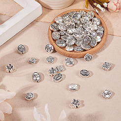 80個8スタイルチベットスタイルアロイビーズ  混合図形  カドミウムフリー＆鉛フリー  アンティークシルバー  10~16x10~14.5x3.5~6mm  穴：1.4~1.8mm  10個/スタイル&nbsp;TIBEB-TA0001-31