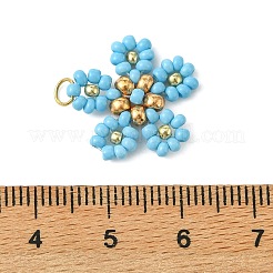 ビーズの花のチャーム  織機模様のガラスシードビーズペンダント  空色  20x18.5x3.5mm  穴：2.5mm&nbsp;PALLOY-MZ01347-01