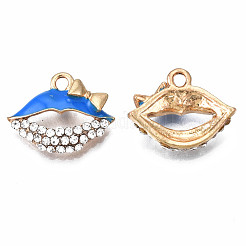 メッキ合金エナメルチャームラック  クリスタルラインストーン付き  カドミウムフリー＆ニッケルフリー＆鉛フリー  リップ  ドジャーブルー  18.5x17.2x4mm  穴：1.8mm&nbsp;ENAM-T011-121A