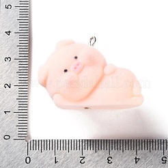 フロッキング樹脂のかわいいペンダント  プラチナメッキの鉄製ループ付き豚チャーム  桃パフ  26.5x37.5x21.5mm  穴：4.5x1.5mm&nbsp;RESI-A040-02D