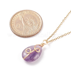 天然アメジスト ティアドロップ ペンダント ネックレス  女性用金メッキ 304 ステンレススチール ワイヤーラップ ジュエリー  17.72インチ（45cm）&nbsp;NJEW-JN03900-03