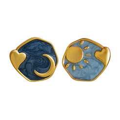月と星の模様が入ったフラットラウンドい合金エナメルスタッドピアス  左右  ゴールドカラー  15x17mm&nbsp;FS-WGC3916-01