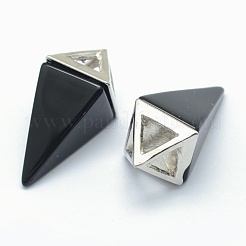天然石オブシディアンペンダント  合金パーツ  三角形  プラチナ  34x14x14.5mm  穴：4x6mm&nbsp;KK-E757-D-10P