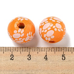 プリントウッドヨーロピアンビーズ  足跡模様で丸い  ダークオレンジ  15.5~16mm  穴：4~4.5mm&nbsp;WOOD-G022-09F