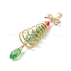 クリスマステーマの銅ワイヤーガラスペンダント  真鍮の蝶結び付き  クリスマスツリー  ゴールドカラー  50x15mm  穴：6x3mm&nbsp;PALLOY-JF02860