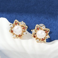 真鍮の模造真珠のスタッドピアス  花  クリアキュービックジルコニア  14KGP本金メッキ  11x11mm&nbsp;KK-D301-07G