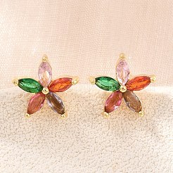 真鍮製 マイクロパヴェ キュービックジルコニア スタッドピアス 女性用  花  カドミウムフリー＆鉛フリー  長持ちメッキ  ラックめっき  18KGP本金メッキ  カラフル  11.5x12mm&nbsp;KK-A305-05G-09