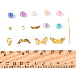 DIY天使ペンダント作りキット  合金、模造真珠、ラウンド、ラインストーンビーズを含む  亜鉛合金カニカン  鉄平頭ピン  合金デイジースペーサービーズ  ゴールドカラー  22x9x3mm  穴：1mm  16pc&nbsp;DIY-FS0009-81