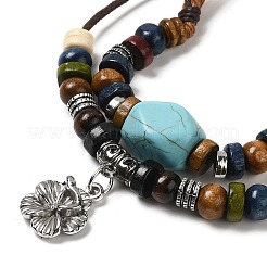 Natural Wooden & Synthetic Turquoise Polygon Double Layered Necklaces&nbsp;NJEW-P281-02AS