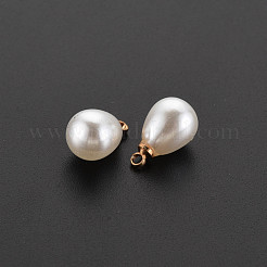 Absプラスチック模造パールのチャーム  金メッキ真鍮ループ付き  ティアドロップ  乳白色  12x7.5mm  穴：1.5mm&nbsp;KK-N242-025