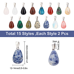 30個15色ジェムストーンペンダント  プラチナトーンの真鍮パーツ  ティアドロップ  21~24x12~14mm  穴：2x7mm&nbsp;G-SC0001-40