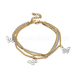 Two Tone 304 Stainless Steel Curb Chains Triple Layer Multi-strand Bracelet with Charms for Women&nbsp;BJEW-C025-12