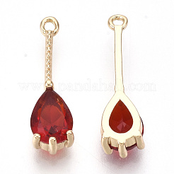 クリアガラスペンダント  ゴールデントーン真鍮パーツ  多面カット  ティアドロップ  レッド  18x5x4mm  穴：1mm&nbsp;X-GLAA-R212-13B