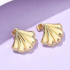 真鍮クリアキュービックジルコニアスタッドピアス  18KGP本金メッキ  シェル形状  19x21mm&nbsp;LS-EJEW-Q017-05B-G