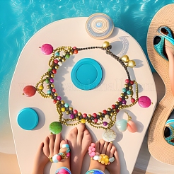 Bohemian Brass with Dyed Synthetic Turquoise Flat Round Beaded Tassel Anklets for Women&nbsp;FS-WG01C93-04