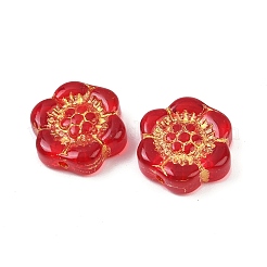焼き付け塗料と金色の金属で覆われたガラスビーズ  花  レッド  13x14x4.5mm  穴：1.2mm&nbsp;DGLA-T004-10F
