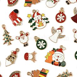 40 個のクリスマステーマ合金エナメルペンダント  カドミウムフリー＆鉛フリー  ライトゴールド  混合図形  14.5~25.5x10.5~26x1~2.5mm  穴：1.5~1.8mm&nbsp;ENAM-FS0004-19