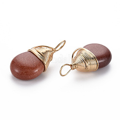合成ゴールドストーン金砂石ペンダント  ゴールデン真鍮パーツ  ティアドロップ  24~26x13x8mm  穴：4~5x2~3mm&nbsp;G-S359-294D