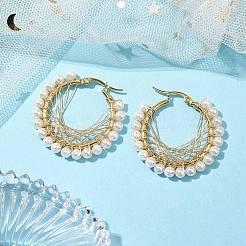 銅線で巻いた貝殻パールのフープピアス  女性用304ステンレスジュエリー  ゴールドカラー  35.5x4mm&nbsp;EJEW-TA00486
