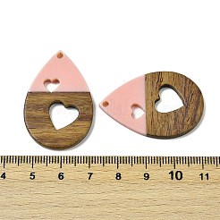 樹脂とクルミのペンダント  耳付き涙滴  バレンタインデーの贈り物のために  ピンク  38x25x3.5mm  穴：1.8mm&nbsp;WOOD-I013-07B