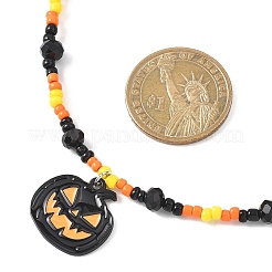 Halloween Black Alloy Enamel Pumpkin Skull Cat Shape Pendant Glass Seed Beaded Necklaces for Women&nbsp;NJEW-JN05579