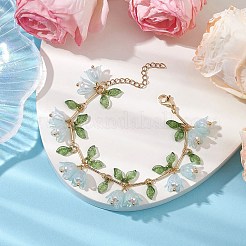 花と葉のシェルパールとアクリルチャームブレスレット  女性用真鍮リンクバーチェーンブレスレット  ゴールドカラー  ライトスカイブルー  7インチ（17.7cm）&nbsp;X1-BJEW-TA00535-02