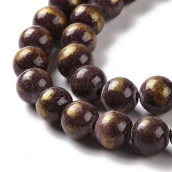 天然石馬山ジェイドビーズ連売り  金箔  染め  金色の輝きのある丸い  ブラウン  8mm  穴：1mm  約50個/連  15.75インチ（40cm）&nbsp;G-F670-A28-8mm