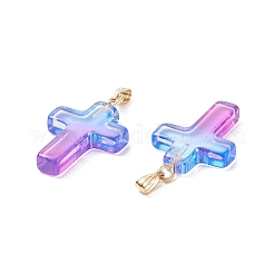 ツートン透明ガラスペンダント  ゴールデンメッキ鉄パーツ  クロス  ディープスカイブルー  28.5x18x4.5mm  穴：5.5x3mm&nbsp;GLAA-A004-02F