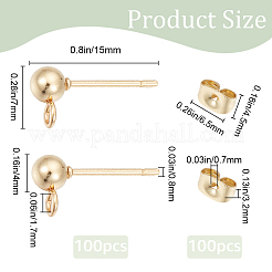304ステンレススチールボールスタッドピアス金具100個  ループとイヤーナット100個付き  ゴールドカラー  15x7x4mm  穴：1.7mm  ピン：0.8mm&nbsp;STAS-SP0001-55G