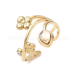 304ステンレススチールガラスラインストーンカフリング  花の開いたリング  ゴールドカラー  19.5mm&nbsp;LS-RJEW-S626-08G