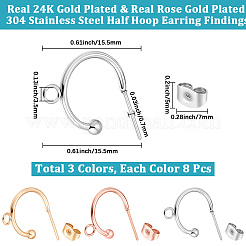 24Pcs 3 Colors 304 Stainless Steel Half Hoop Earrings&nbsp;STAS-BBC0009-90B