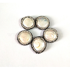 フラットラウンドシェルパールビーズ  ポリマークレイラインストーン付き  ホワイト  21~26x6mm  穴：1mm&nbsp;BSHE-L002-08