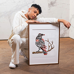 ペット用くり抜き絵用ステンシル1枚  DIYスクラップブック用  フォトアルバム  アートペイントブラシ1本付き  カラス  300x300mm&nbsp;DIY-MA0002-21D