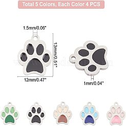20個 5色 304ステンレススチール エナメルチャーム  ステンレス鋼色  犬の足跡  ミックスカラー  13x12x1mm  穴：1.5mm  4個/カラー&nbsp;STAS-UN0026-51