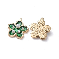 エナメルチャーム  真鍮パーツとアクリルパール  18KGP本金メッキ  花  グリーン  16.5x15x4mm  穴：1mm&nbsp;KK-G377-05G-04