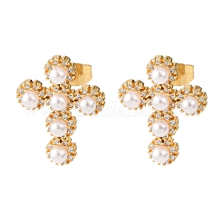 Cross Brass Micro Pave Clear Cubic Zirconia Stud Earrings&nbsp;EJEW-B153-01G