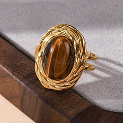 Oval Natural Tiger Eye Finger Rings&nbsp;RJEW-M063-01G-11