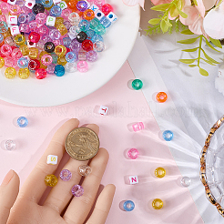 750 個 15 色の透明プラスチックビーズ  グリッターパウダー付き  バレル  イニシャルアクリルビーズ350個付き  ミックスカラー  6.5~9x6~6.5mm  穴：2.5~3.8mm  50個/スタイル&nbsp;KY-PA0001-03