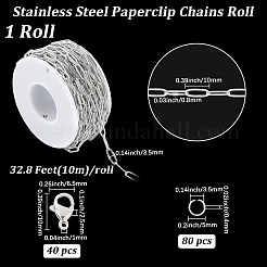 304ステンレススチールのペーパークリップチェーンネックレス/ブレスレットのDIYキット  ステンレス鋼色  10x3.5x0.8mm  約32.8フィート（10m）&nbsp;DIY-BBC0002-71