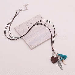Boho Alloy Feather & Wood Heart Tassel Pendant Cotton Cord Necklaces for Women&nbsp;WG12080-01