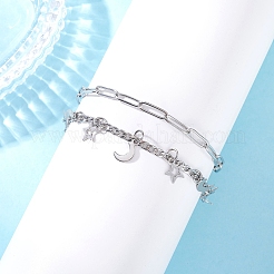 304ステンレススチールのペーパークリップとフィガロチェーンのブレスレット（女性用）  ムーン  7-3/8インチ（18.8cm）  2個/セット&nbsp;BJEW-JB12445-02