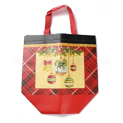 クリスマステーマのタータン不織布ギフトトートバッグ（ハンドル付き）  長方形  レッド  クリスマス鐘  展開：33x32x0.2cm  折りたたみ：32x17.5x24cm&nbsp;ABAG-G017-01A