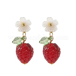 手作りのランプワーク＆アクリル製スタッドピアス  いちごと花  ゴールドカラー  34.5x14mm&nbsp;EJEW-JE07216