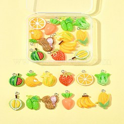 24個12スタイル不透明樹脂ペンダント  模造野菜・模造果物  プラチナトーンのアイアンループ付き  混合色  混合図形  20~28.5x14~20x3~7.5mm  穴：2mm  2個/スタイル&nbsp;RESI-FS0002-07
